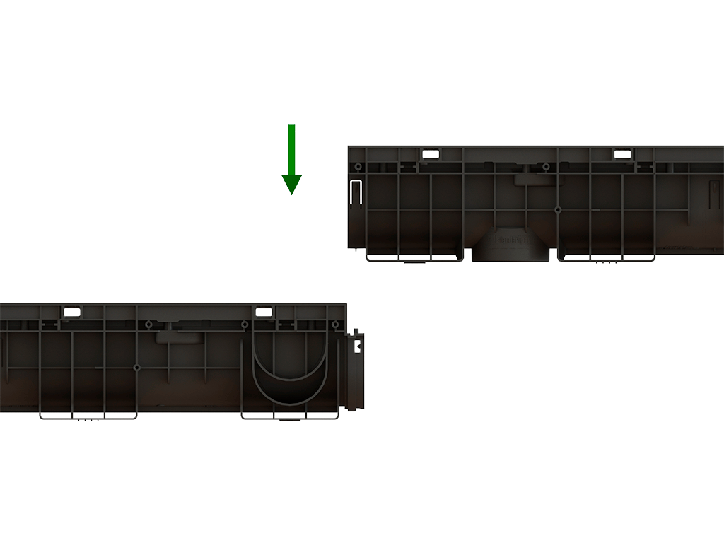 Rigolă din plastic BASE DN100 H200 cu grătare din fontă în fante clasa de sarcini C250